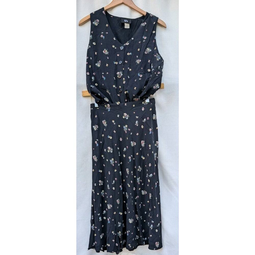 Vtg Toby Set Black Floral Midi Skirt & Sleeveless Button Top 8 Cottagecore Boho‎